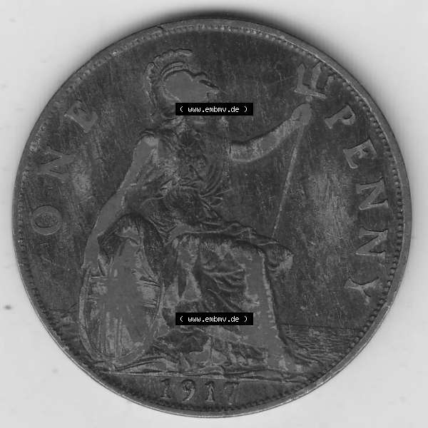 Grau bzw. s/w Münzen Großbritannien Umlaufmünze 1911-1926, 1 One Penny, 1917-1, George V, B.M. GEORGIVS V DEI GRABRITTOMNREX FIDDEFINDIMP. Rückseite... Sammlung Graustufen