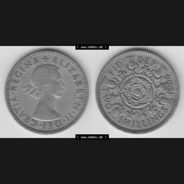 Grau bzw. s/w Münzen Großbritannien Umlaufmünze 1954-1970, 2 Schilling - Shillings 1954-1. Vorderseite und Rückseite horizontal auf einen digitalen Bild der alten britischen Münze... Sammlung Graustufen