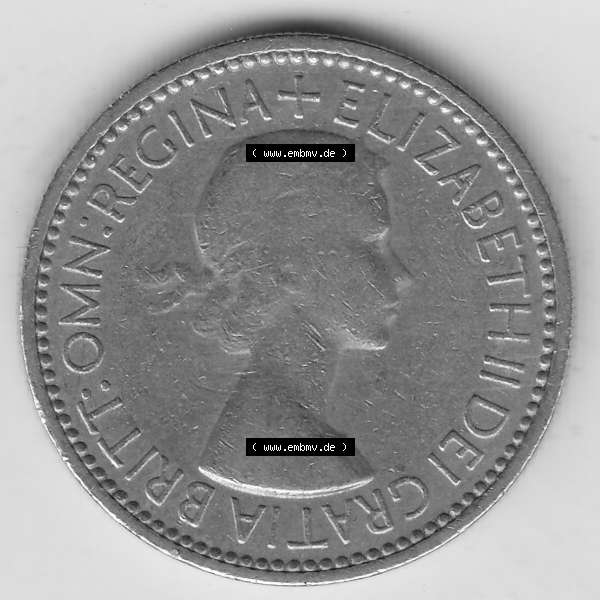 Grau bzw. s/w Münzen Großbritannien Umlaufmünze 1954-1970, 1 Schilling - One Shilling, 1953-1 Wappen mit drei Löwen. Vorderseite der alten britischen Münze aus Großbritannien... Sammlung Graustufen