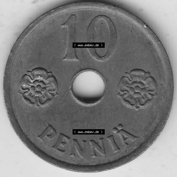 Grau bzw. s/w Alte Münzen KMS Finnland, Kursmünzensatz 1941-1943, 10 Penny, Penniä Kupfer 1942-1 . Rückseite mit Wert-Zahl bzw. Nennwert einer Münze aus KMS /... Sammlung Graustufen