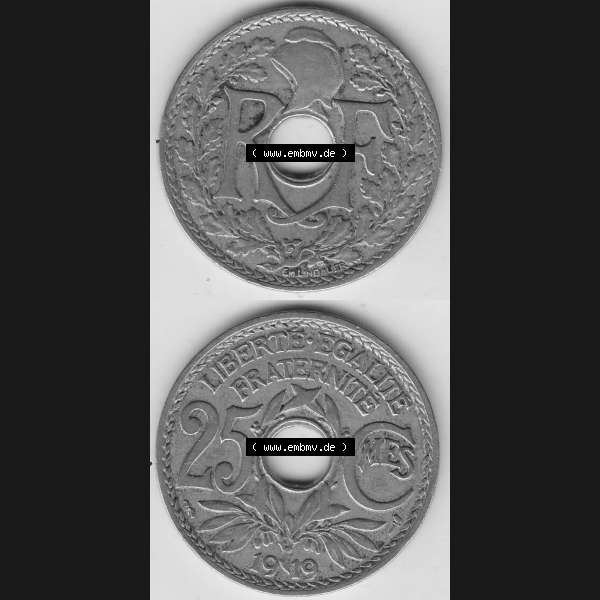 Grau bzw. s/w Münzen Frankreich Umlaufmünze 1917-1937, 25 Cmes, Centimes 1919-1 LIBERTE EGALITE FRATERNITE. Vorderseite und Rückseite vertikal auf einen digitalen Bild der alten französischen... Sammlung Graustufen