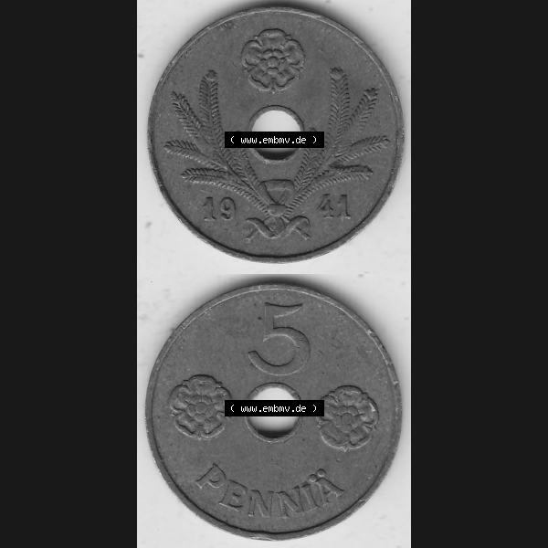 Grau bzw. s/w Alte Münzen KMS Finnland, Kursmünzensatz 1941-1943, 5 Penny, Penniä, Kupfer 1941-1. Digitales Bild / Bildmaterial für IPhone und Mobil-Geräte... Sammlung Graustufen