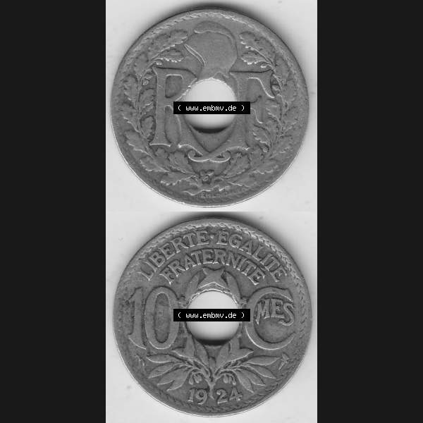 Grau bzw. s/w Münzen Frankreich Umlaufmünze Vollansicht 1917-1938, 10 Centimes, 10 CMES EGALITÉ FRATERNITÉ LIBERTÉ 1924-1. Vertikales beidseitiges Bildmaterial der Vorderseite... Sammlung Graustufen