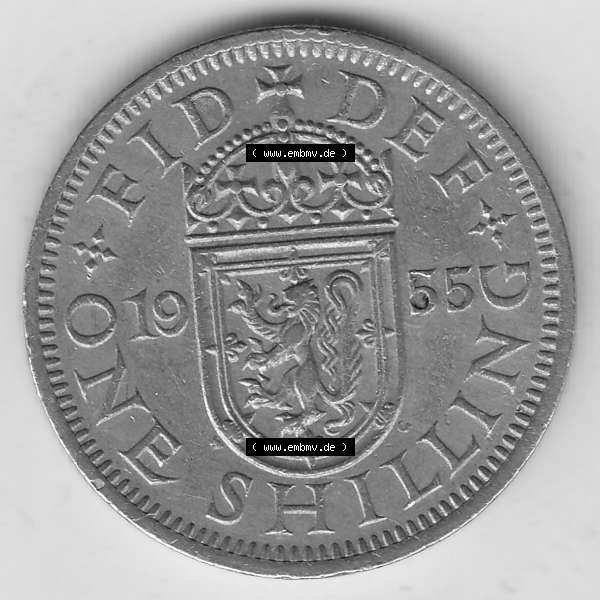 Grau bzw. s/w Münzen Großbritannien Umlaufmünze 1954-1970, 1 Schilling - One Shilling, 1955-1 Wappen mit einen Löwen. Rückseite der alten britischen Münze aus Großbritannien... Sammlung Graustufen
