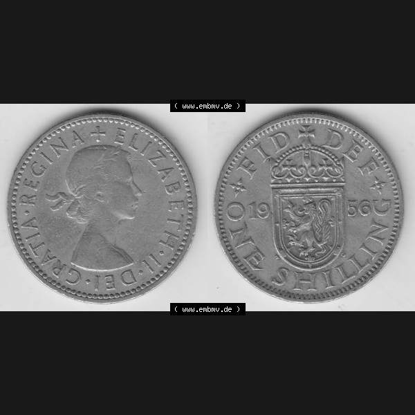 Grau bzw. s/w Münzen Großbritannien Umlaufmünze 1954-1970, 1 Schilling - Shilling, 1956-1 Wappen mit einen Löwen. Vorderseite und Rückseite horizontal auf einen digitalen... Sammlung Graustufen