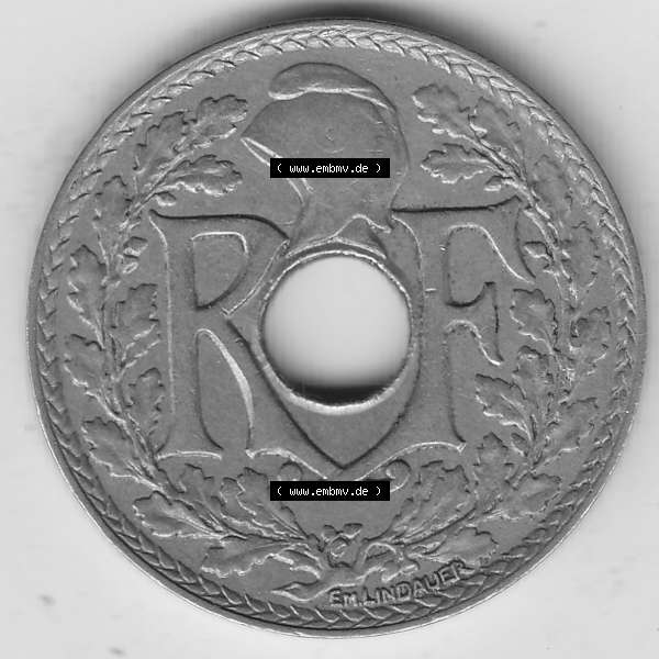 Grau bzw. s/w Alte Münzen KMS Frankreich, aus Kursmünzensatz-Zusammenstellung der Jahre 1917-1952, mit der Münze 1917-1937, 25 Cmes, Centime 1927-1. Vorderseite der alten... Sammlung Graustufen