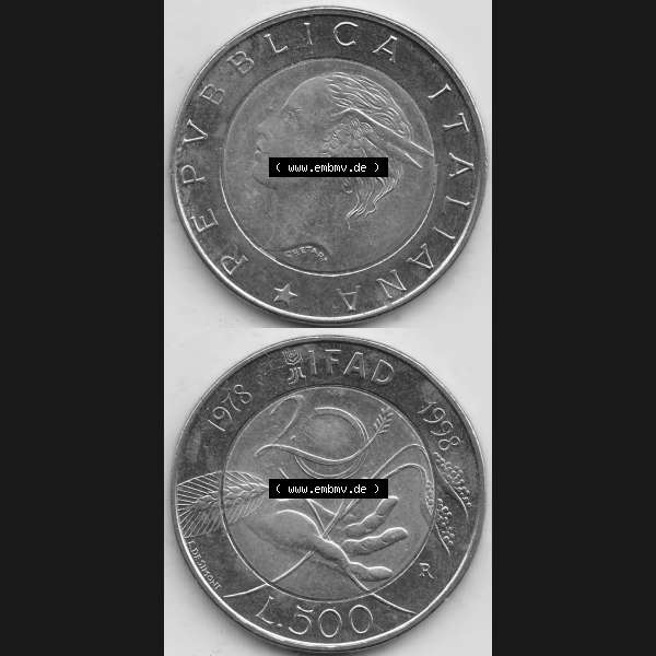 Grau bzw. s/w Bildmaterial von Münzen aus Italien / Italia Gedenkmünzen 1998-1998, 500 Lire, 20 Jahre Internationaler Fonds für die landwirtschaftliche Entwicklung (1978-1998)-1.... Sammlung Graustufen