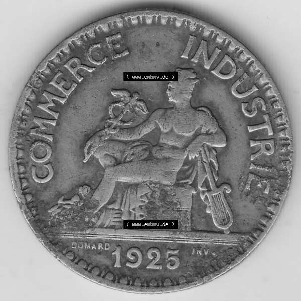 Grau bzw. s/w Münzen Frankreich Umlaufmünze 1920-1927, 2 Franken 1925-1, BON POUR 2 FRANCS CHAMBRES DE COMMERCE DE FRANCE. Vorderseite der alten französischen Umlaufmünze aus Frankreich... Sammlung Graustufen