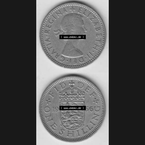 Grau bzw. s/w Münzen Großbritannien Umlaufmünze 1954-1970, 1 Schilling - Shilling, 1956-2 Wappen mit 3 Löwen. Vorderseite und Rückseite vertikal untereinander auf einen digitalen... Sammlung Graustufen