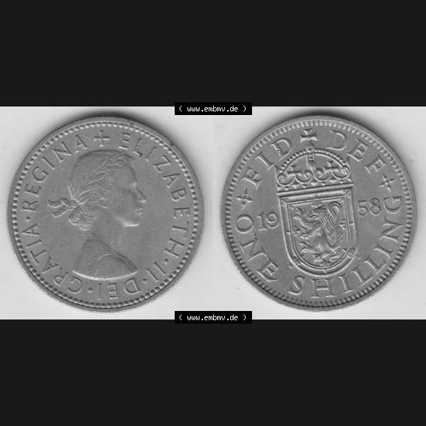 Grau bzw. s/w Münzen Großbritannien Umlaufmünze 1954-1970, 1 Schilling - Shilling, 1958-1 Wappen mit einen Löwen. Vorderseite und Rückseite horizontal auf einen digitalen... Sammlung Graustufen