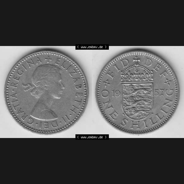 Grau bzw. s/w Münzen Großbritannien Umlaufmünze 1954-1970, 1 Schilling - Shilling, 1957-2 Wappen mit 3 Löwen. Vorderseite und Rückseite horizontal auf einen digitalen Bild... Sammlung Graustufen