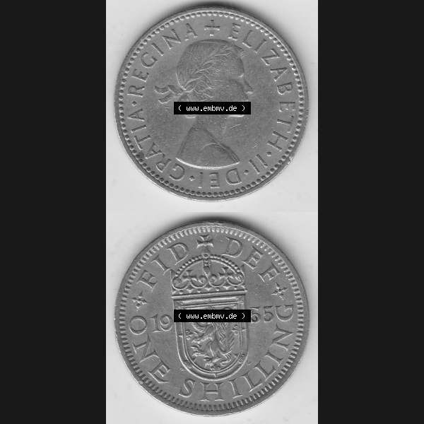 Grau bzw. s/w Münzen Großbritannien Umlaufmünze 1954-1970, 1 Schilling - One Shilling, 1955-1 Wappen mit einen Löwen. Vorderseite und Rückseite vertikal untereinander auf... Sammlung Graustufen