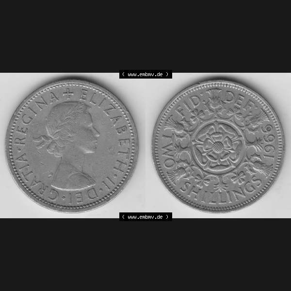 Grau bzw. s/w Münzen Großbritannien Umlaufmünze 1954-1970, 2 Schilling - Shillings 1966-2. Vorderseite und Rückseite horizontal auf einen digitalen Bild der alten britischen Münze... Sammlung Graustufen