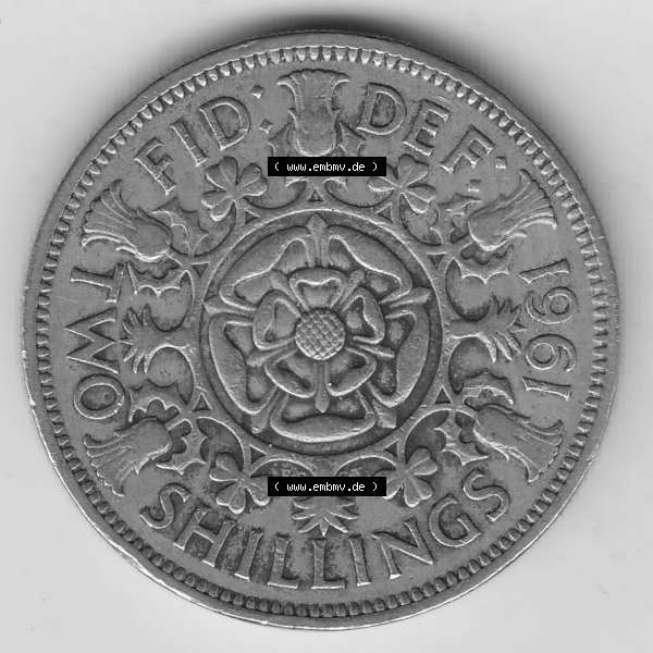 Grau bzw. s/w Münzen Großbritannien Umlaufmünze 1954-1970, 2 Schilling - Shillings 1961-2. Rückseite der alten britischen Münze aus Großbritannien zum katalogisieren und... Sammlung Graustufen
