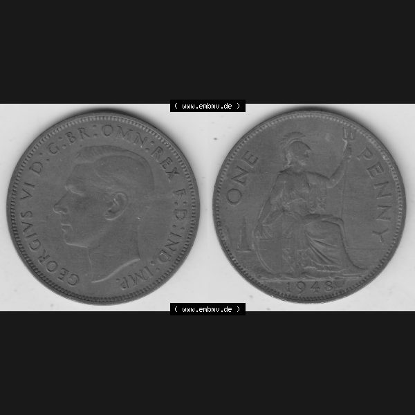 Grau bzw. s/w Münzen Großbritannien Umlaufmünze 1937-1948. 1 One Penny 1948-2, George VI, GEORGIVS VI DGBROMNREX FDINDIMP. HP. Vorderseite und Rückseite horizontal... Sammlung Graustufen