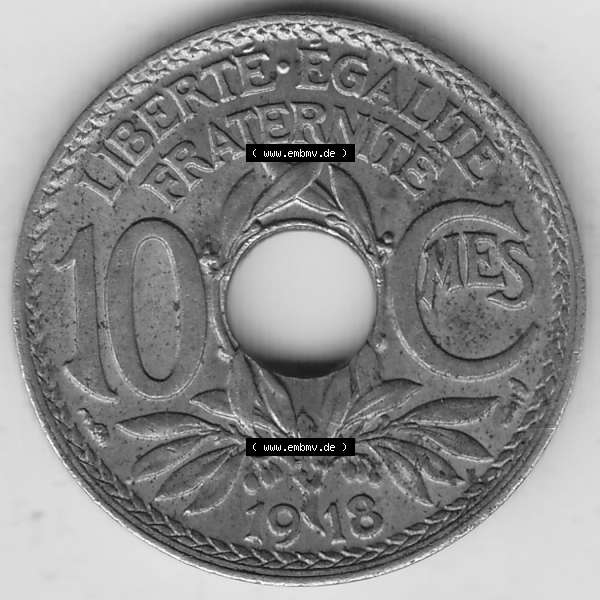 Grau bzw. s/w Münzen Frankreich Umlaufmünze 1917-1938, 10 Centimes, 10 CMES EGALITÉ FRATERNITÉ LIBERTÉ 1918-2. Digitales Bild der Rückseite mit Wertzahl / Nennwert... Sammlung Graustufen