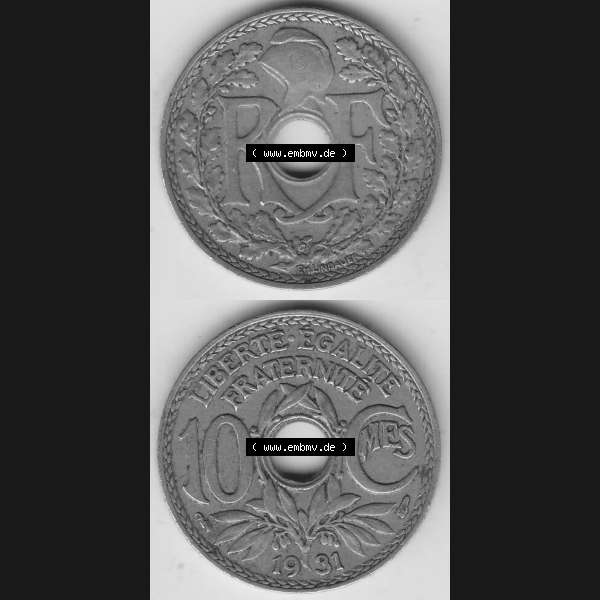 Grau bzw. s/w Münzen Frankreich Umlaufmünze Vollansicht 1917-1938, 10 Centimes, 10 CMES EGALITÉ FRATERNITÉ LIBERTÉ 1931-1. Vertikales beidseitiges Bildmaterial der Vorderseite... Sammlung Graustufen