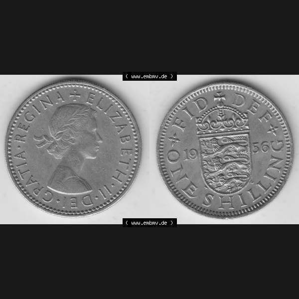 Grau bzw. s/w Münzen Großbritannien Umlaufmünze 1954-1970, 1 Schilling - One Shilling, 1956-1 Wappen mit drei Löwen. Vorderseite und Rückseite horizontal auf einen digitalen... Sammlung Graustufen