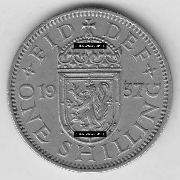 Grau bzw. s/w Münzen Großbritannien Umlaufmünze 1954-1970, 1 Schilling - Shilling, 1957-1 Wappen mit einen Löwen. Rückseite der alten britischen Münze aus Großbritannien... Sammlung Graustufen