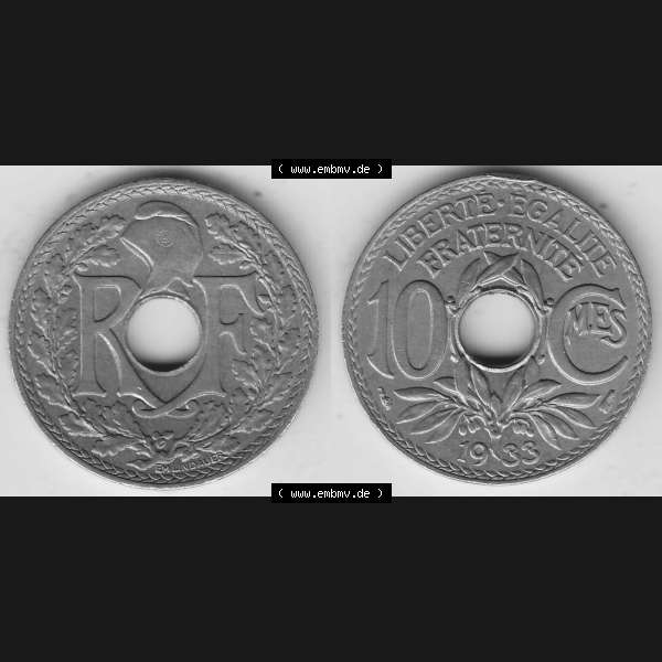 Grau bzw. s/w Alte Münzen KMS Frankreich, aus Kursmünzensatz-Zusammenstellung der Jahre 1917-1952, mit der Münze 1917-1938, 10 Cmes, Centimes 1933-1. Vorderseite und Rückseite... Sammlung Graustufen