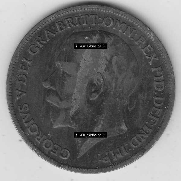 Grau bzw. s/w Münzen Großbritannien Umlaufmünze 1911-1926, 1 One Penny, 1917-1, George V, B.M. GEORGIVS V DEI GRABRITTOMNREX FIDDEFINDIMP. Vorderseite der... Sammlung Graustufen