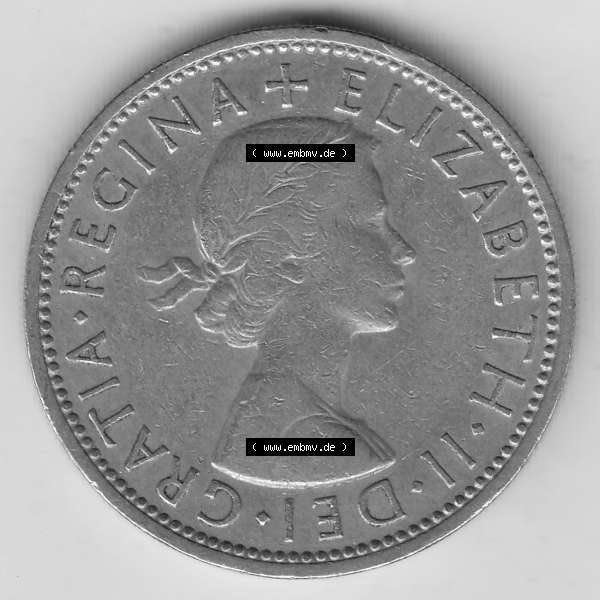 Grau bzw. s/w Münzen Großbritannien Umlaufmünze 1954-1970, 2 Schilling - Shillings 1965-1. Vorderseite der alten britischen Münze aus Großbritannien zum katalogisieren und verwalten... Sammlung Graustufen