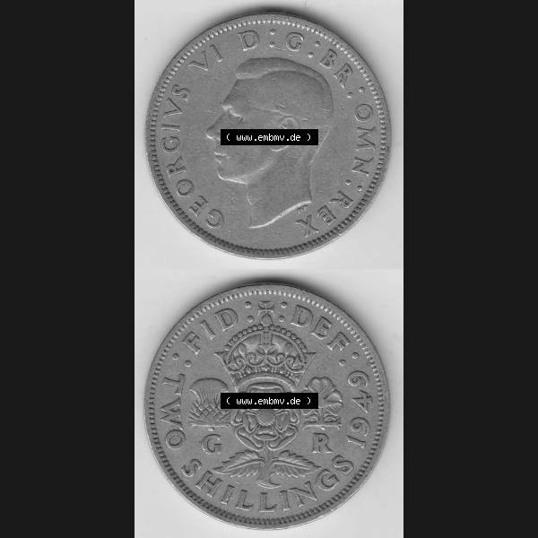 Grau bzw. s/w Münzen Großbritannien Umlaufmünze 1949-1951, 2 Schilling - Shillings 1949-1. Vorderseite und Rückseite vertikal untereinander auf einen digitalen Bild der alten britischen... Sammlung Graustufen