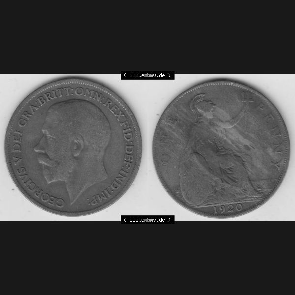 Grau bzw. s/w Münzen Großbritannien Umlaufmünze 1911-1926, 1 One Penny, 1920-1, George V, B.M. GEORGIVS V DEI GRABRITTOMNREX FIDDEFINDIMP. Vorderseite und... Sammlung Graustufen