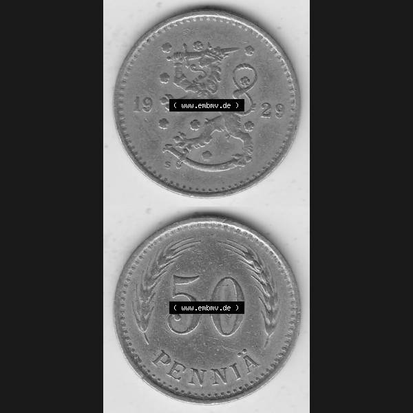 Grau bzw. s/w Alte Münzen KMS Finnland, Kursmünzensatz 1921-1940, 50 Penny, Penniä 1929. Digitales Bild / Bildmaterial für IPhone und Mobil-Geräte mit Vorderseite... Sammlung Graustufen