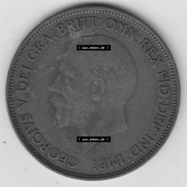 Grau bzw. s/w Münzen Großbritannien Umlaufmünze 1928-1936, 1 One Penny, 1935-1, George V. BM GEORGIVS V DEI GRABRITTOMNREX FIDDEFINDIMP. Vorderseite der alten britischen... Sammlung Graustufen