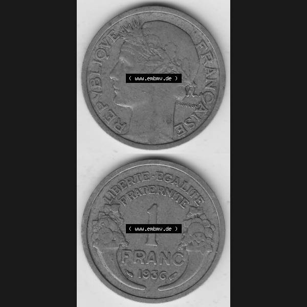 Grau bzw. s/w Münzen Frankreich Umlaufmünze 1931-1941, 1 Franken, 1 Franc, 1936-1 LIBERTE EGALITE FRATERNITE. Vorderseite und Rückseite vertikal auf einen digitalen Bild der alten... Sammlung Graustufen