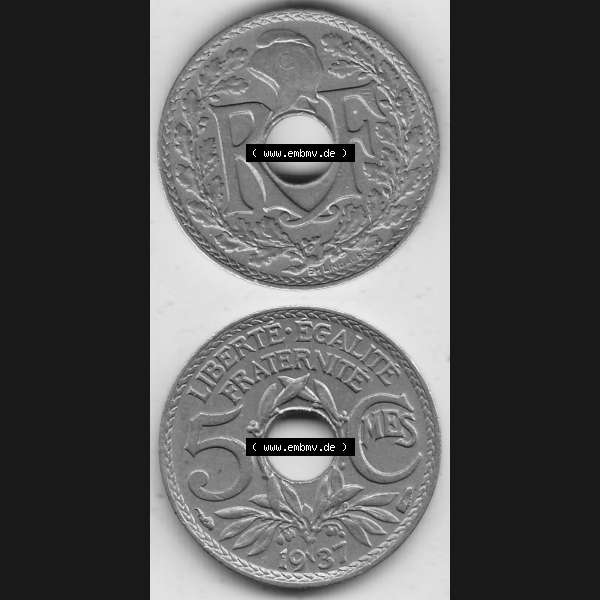 Grau bzw. s/w Alte Münzen KMS Frankreich, aus Kursmünzensatz-Zusammenstellung der Jahre 1917-1952, mit der Münze 1920-1938, 5 Cmes, Centimes 1937-1. Vorderseite und Rückseite... Sammlung Graustufen