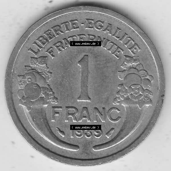Grau bzw. s/w Alte Münzen KMS Frankreich, aus Kursmünzensatz-Zusammenstellung der Jahre 1917-1952, mit der Münze 1931-1941, 1 Franken, Franc, 1939-1. Rückseite... Sammlung Graustufen