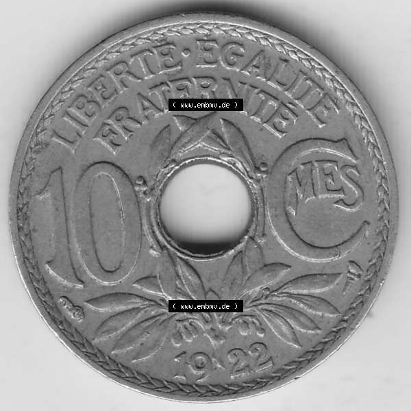Grau bzw. s/w Münzen Frankreich Umlaufmünze Einzelansicht 1917-1938, 10 Centimes, RF - Frankreich 10 CMES EGALITÉ FRATERNITÉ LIBERTÉ 1922-2. Rückseite der alten... Sammlung Graustufen