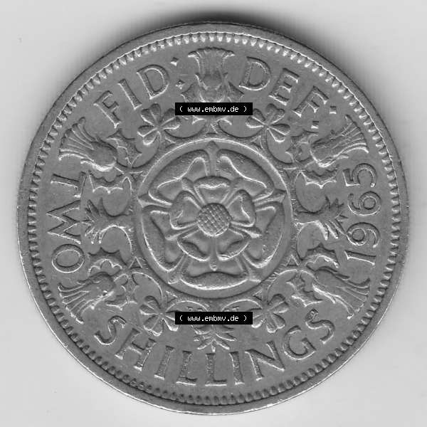 Grau bzw. s/w Münzen Großbritannien Umlaufmünze 1954-1970, 2 Schilling - Shillings 1965-1. Rückseite der alten britischen Münze aus Großbritannien zum katalogisieren und... Sammlung Graustufen