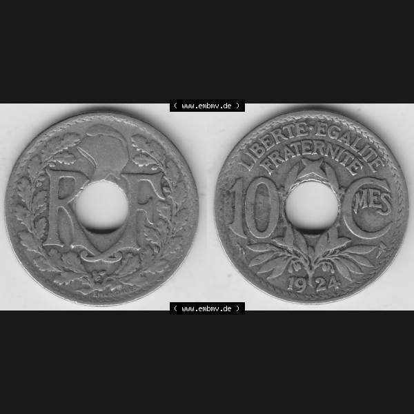 Grau bzw. s/w Münzen Frankreich Umlaufmünze Vollansicht 1917-1938, 10 Centimes, 10 CMES EGALITÉ FRATERNITÉ LIBERTÉ 1924-1. Beidseitiges Bildmaterial einer Umlaufmünze... Sammlung Graustufen