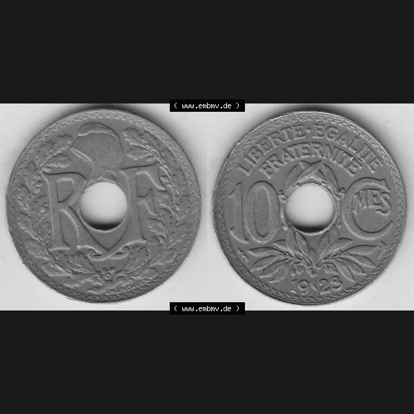 Grau bzw. s/w Münzen Frankreich Umlaufmünze Vollansicht 1917-1938, 10 Centimes, RF - Frankreich 10 CMES EGALITÉ FRATERNITÉ LIBERTÉ 1923-1. Vorderseite und Rückseite... Sammlung Graustufen