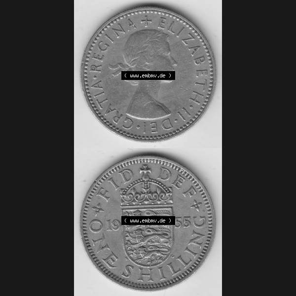 Grau bzw. s/w Münzen Großbritannien Umlaufmünze 1954-1970, 1 Schilling - Shilling, 1955-1 Wappen mit drei Löwen. Vorderseite und Rückseite vertikal untereinander auf einen... Sammlung Graustufen