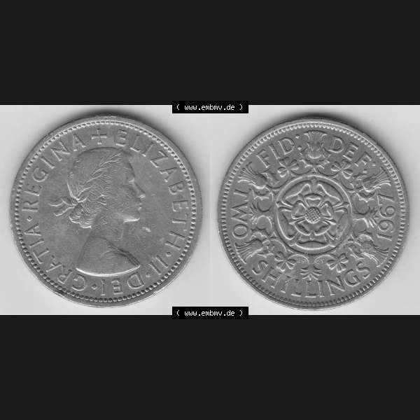 Grau bzw. s/w Münzen Großbritannien Umlaufmünze 1954-1970, 2 Schilling - Shillings 1967-1. Vorderseite und Rückseite horizontal auf einen digitalen Bild der alten britischen Münze... Sammlung Graustufen