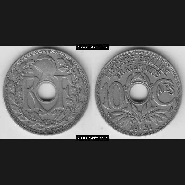 Grau bzw. s/w Münzen Frankreich Umlaufmünze Vollansicht 1917-1938, 10 Centimes, 10 CMES EGALITÉ FRATERNITÉ LIBERTÉ 1931-1. Beidseitiges Bildmaterial einer Umlaufmünze... Sammlung Graustufen