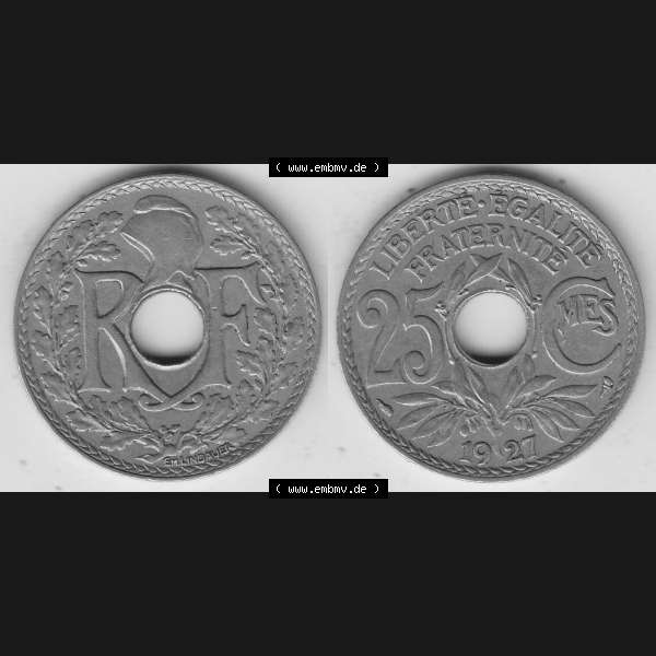Grau bzw. s/w Alte Münzen KMS Frankreich, aus Kursmünzensatz-Zusammenstellung der Jahre 1917-1952, mit der Münze 1917-1937, 25 Cmes, Centime 1927-1. Vorderseite und Rückseite... Sammlung Graustufen