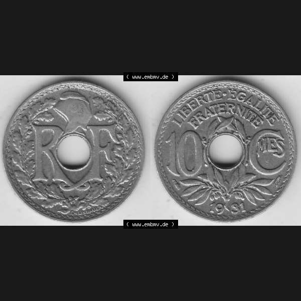 Grau bzw. s/w Münzen Frankreich Umlaufmünze Vollansicht 1917-1938, 10 Centimes, 10 CMES EGALITÉ FRATERNITÉ LIBERTÉ 1931-2. Vorderseite und Rückseite horizontal... Sammlung Graustufen