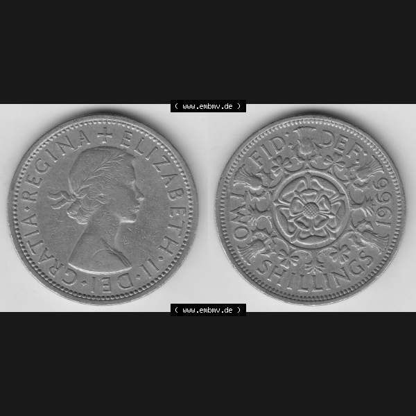 Grau bzw. s/w Münzen Großbritannien Umlaufmünze 1954-1970, 2 Schilling - Shillings 1966-6. Vorderseite und Rückseite horizontal auf einen digitalen Bild der alten britischen Münze... Sammlung Graustufen