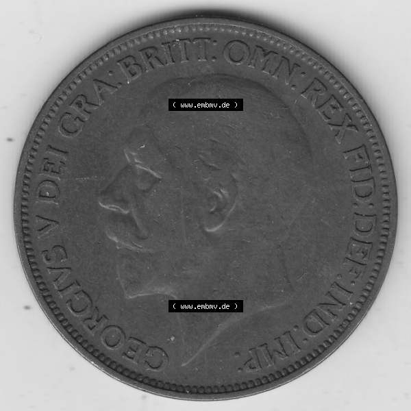 Grau bzw. s/w Münzen Großbritannien Umlaufmünze 1927-1927, 1 One Penny, 1927-1, George V, BM GEORGIVS V DEI GRABRITTOMNREX FIDDEFINDIMP. Vorderseite der alten britischen... Sammlung Graustufen