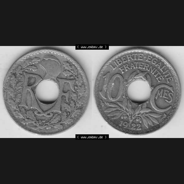 Grau bzw. s/w Münzen Frankreich Umlaufmünze Vollansicht 1917-1938, 10 Centimes, 10 CMES EGALITÉ FRATERNITÉ LIBERTÉ 1922-1. Vorderseite und Rückseite horizontal... Sammlung Graustufen