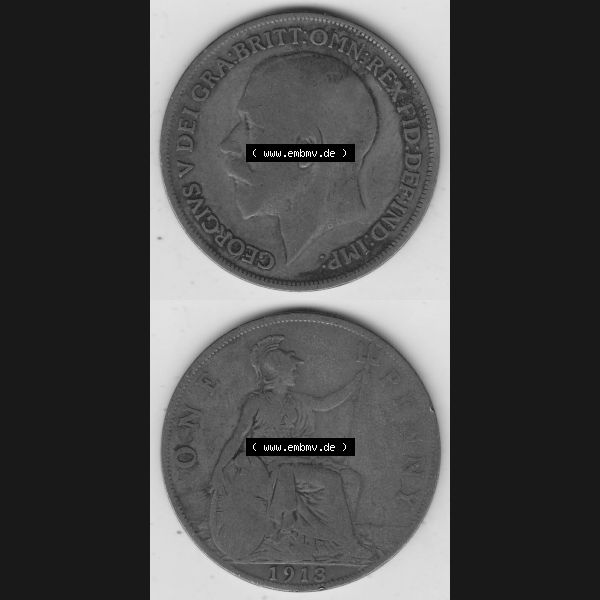 Grau bzw. s/w Münzen Großbritannien Umlaufmünze 1911-1926, 1 One Penny, 1913-1, George V, B.M. GEORGIVS V DEI GRABRITTOMNREX FIDDEFINDIMP. Vorderseite und... Sammlung Graustufen
