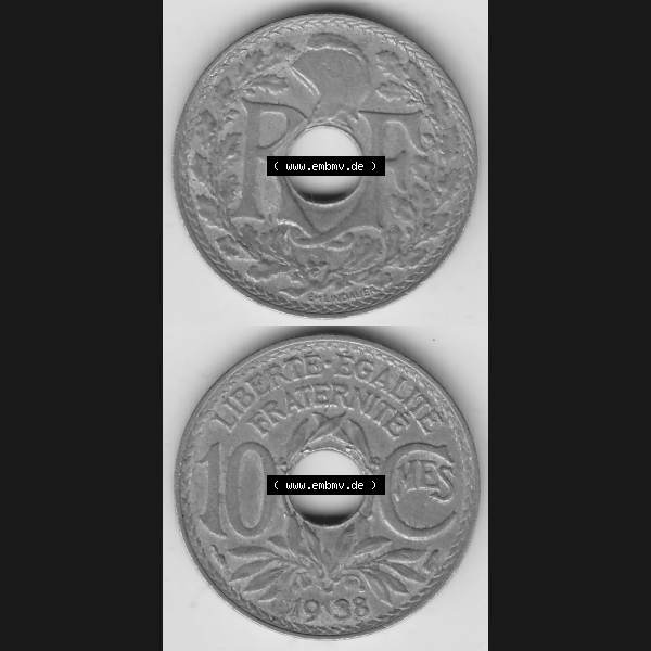 Grau bzw. s/w Münzen Frankreich Umlaufmünze 1917-1938, 10 Centimes - Cmes 1938-2. Vorderseite und Rückseite vertikal auf einen digitalen Bild der alten französischen Umlaufmünze... Sammlung Graustufen