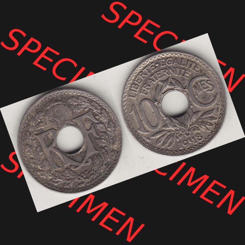 Münzen Frankreich Umlaufmünze Vollansicht 1917-1938, 10 Centimes, 10 CMES EGALITÉ FRATERNITÉ LIBERTÉ 1918-2. Beidseitiges Bildmaterial einer Umlaufmünze... Sammlung