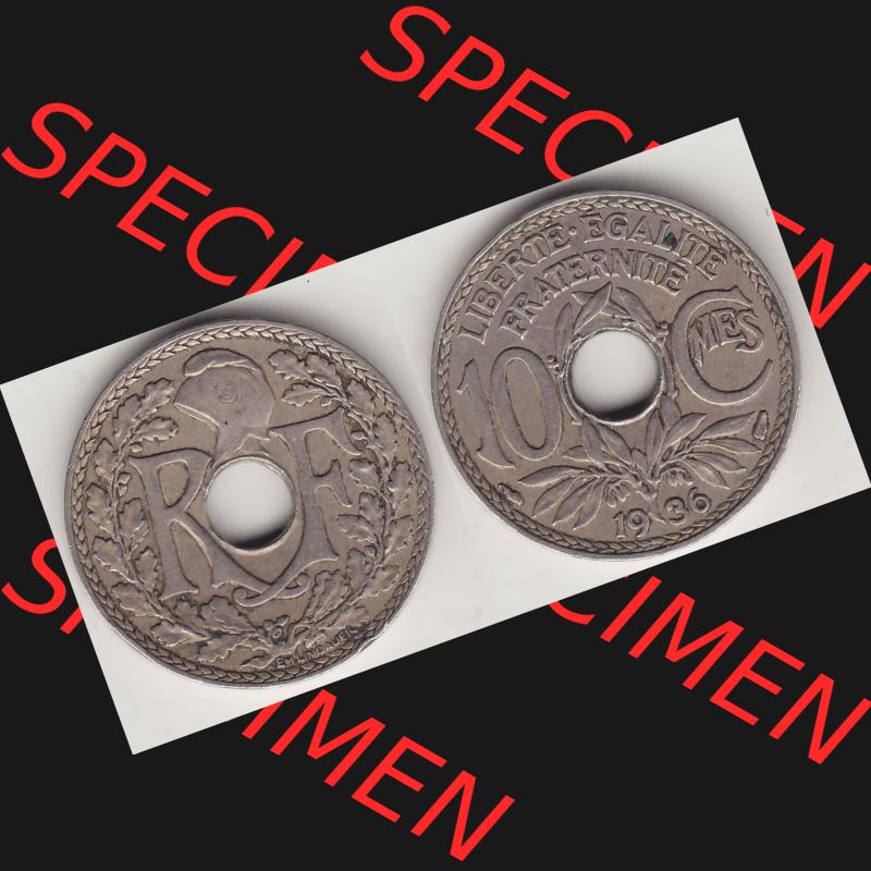 Münzen Frankreich Umlaufmünze 1917-1938, 10 Centimes - Cmes 1936. Vorderseite und Rückseite horizontal auf einen digitalen Bild der alten französischen Umlaufmünze... Sammlung
