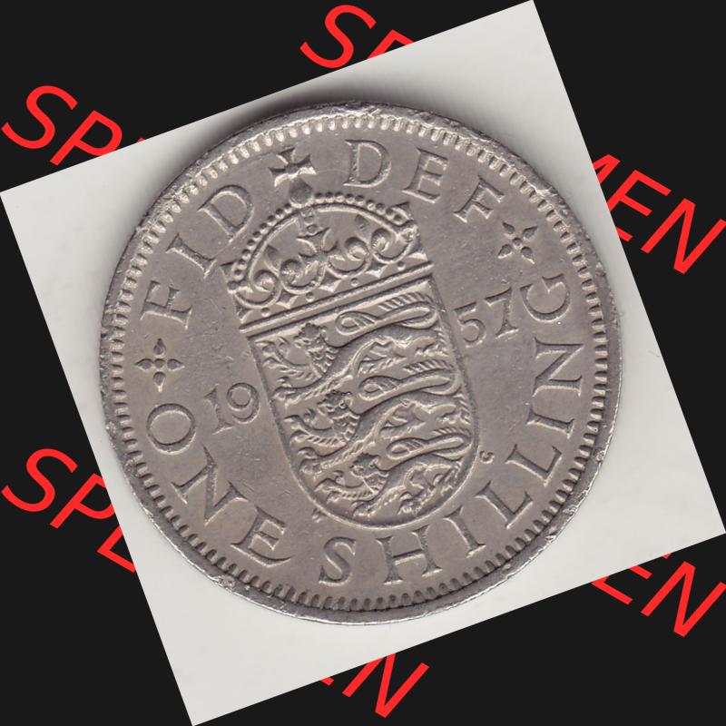 Münzen Großbritannien Umlaufmünze 1954-1970, 1 Schilling - Shilling, 1957-1 Wappen mit drei Löwen. Rückseite der alten britischen Münze aus Großbritannien... Sammlung